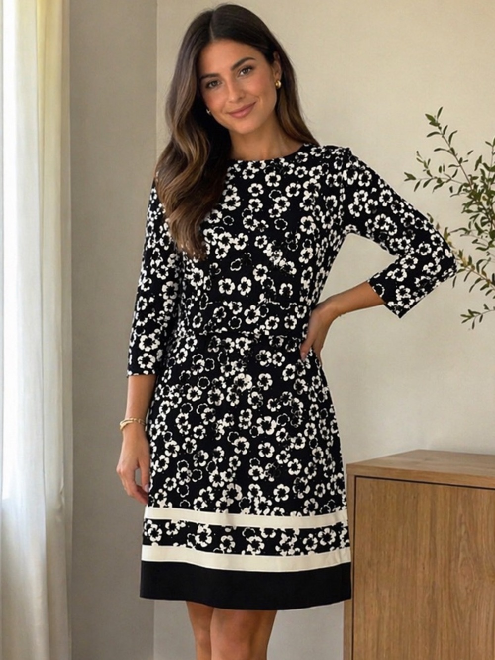 H&M Black and White Tie Waist Floral Dress Size 0